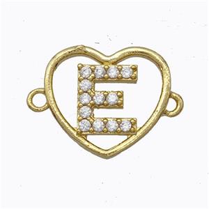 Copper Heart Connector Pave Zirconia Letter-E Gold Plated, approx 15.5mm