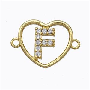 Copper Heart Connector Pave Zirconia Letter-F Gold Plated, approx 15.5mm