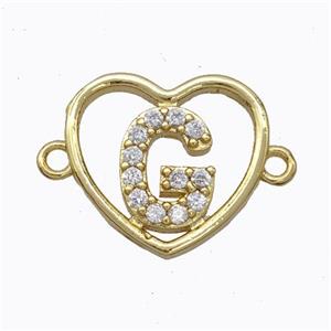 Copper Heart Connector Pave Zirconia Letter-G Gold Plated, approx 15.5mm