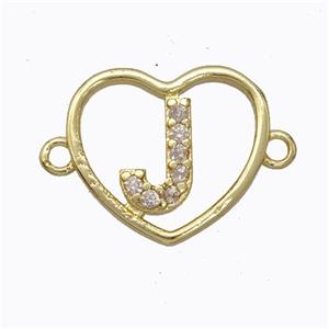 Copper Heart Connector Pave Zirconia Letter-J Gold Plated, approx 15.5mm