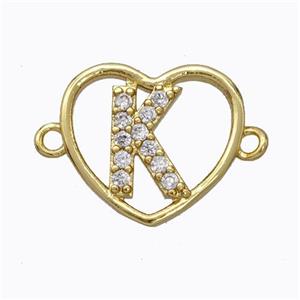 Copper Heart Connector Pave Zirconia Letter-K Gold Plated, approx 15.5mm