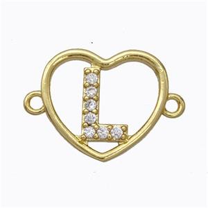 Copper Heart Connector Pave Zirconia Letter-L Gold Plated, approx 15.5mm