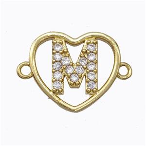 Copper Heart Connector Pave Zirconia Letter-M Gold Plated, approx 15.5mm