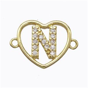 Copper Heart Connector Pave Zirconia Letter-N Gold Plated, approx 15.5mm