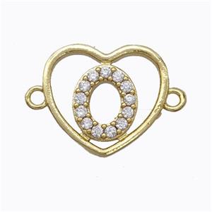 Copper Heart Connector Pave Zirconia Letter-O Gold Plated, approx 15.5mm