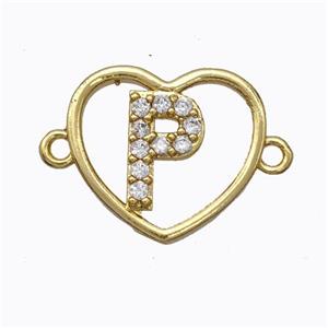 Copper Heart Connector Pave Zirconia Letter-P Gold Plated, approx 15.5mm