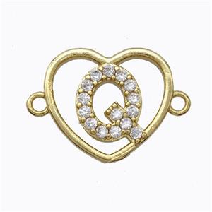 Copper Heart Connector Pave Zirconia Letter-Q Gold Plated, approx 15.5mm