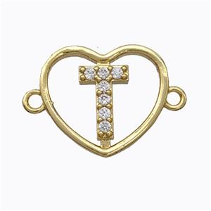 Copper Heart Connector Pave Zirconia Letter-T Gold Plated, approx 15.5mm