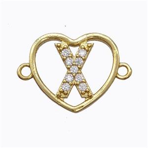 Copper Heart Connector Pave Zirconia Letter-X Gold Plated, approx 15.5mm