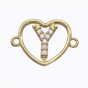 Copper Heart Connector Pave Zirconia Letter-Y Gold Plated, approx 15.5mm