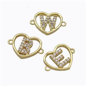 Copper Heart Alphabet Connector Pave Zirconia Mix Letters Gold Plated, approx 15.5mm