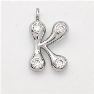 Copper Letter-K Pendant Pave Zirconia Platinum Plated, approx 15-18mm