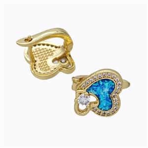 Copper Heart Latchback Earrings Pave Zirconia Blue Fire Opal 18K Gold Plated, approx 12mm