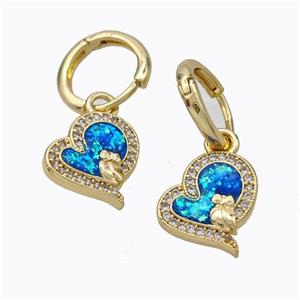 Copper Heart Hoop Earrings Pave Zirconia Blue Fire Opal 18K Gold Plated, approx 13mm, 12mm dia