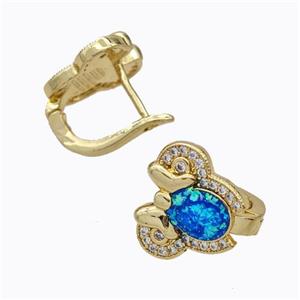 Copper Elephant Latchback Earrings Pave Zirconia Blue Fire Opal 18K Gold Plated, approx 12-14mm