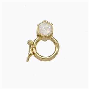 Copper Clasp Pave White Fire Opal Hexagon 18K Gold Plated, approx 6mm, 9mm