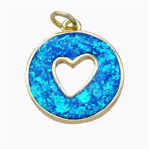 Copper Heart Pendant Pave Blue Fire Opal Circle 18K Gold Plated, approx 16mm