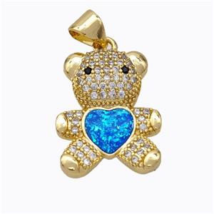 Copper Bear Pendant Micropave Zirconia Blue Fire Opal Heart 18K Gold Plated, approx 15-18mm