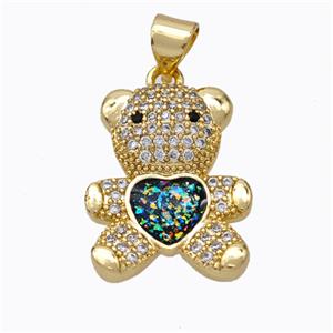 Copper Bear Pendant Micropave Zirconia Multicolor Fire Opal Heart 18K Gold Plated, approx 15-18mm