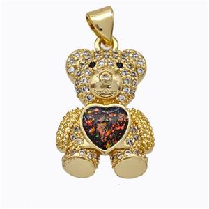 Copper Bear Pendant Micropave Zirconia Fire Opal Heart 18K Gold Plated, approx 15-20mm