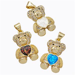 Copper Bear Pendant Micropave Zirconia Fire Opal Heart 18K Gold Plated Mixed, approx 15-20mm