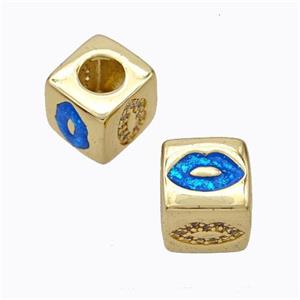 Copper Cube Beads Pave Zirconia Fire Opal Lips Large Hole 18K Gold Plated, approx 10x10mm, 5mm hole