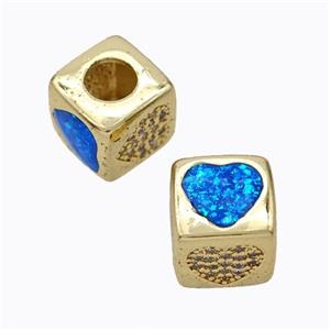 Copper Cube Beads Pave Zirconia Fire Opal Heart Large Hole 18K Gold Plated, approx 10x10mm, 5mm hole