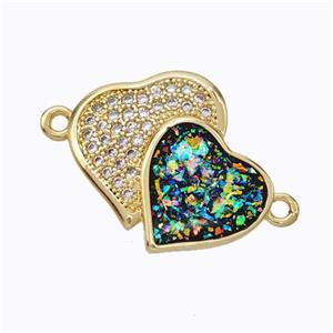 Copper Heart Connector Micropave Zirconia Multicolor Fire Opal Double 18K Gold Plated, approx 16-19mm