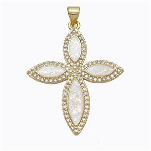 Copper Cross Pendant Micropave Zirconia White Fire Opal 18K Gold Plated, approx 28-33mm