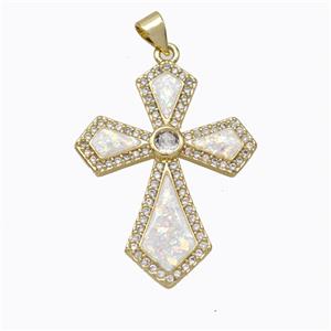 Copper Cross Pendant Micropave Zirconia White Fire Opal 18K Gold Plated, approx 25-33mm