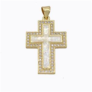 Copper Cross Pendant Micropave Zirconia White Fire Opal 18K Gold Plated, approx 19-25mm