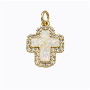 Copper Cross Pendant Micropave Zirconia White Fire Opal 18K Gold Plated, approx 12-14mm