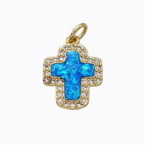 Copper Cross Pendant Micropave Zirconia Blue Fire Opal 18K Gold Plated, approx 12-14mm