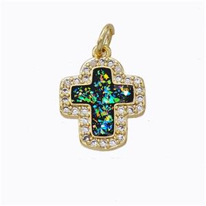 Copper Cross Pendant Micropave Zirconia Multicolor Fire Opal 18K Gold Plated, approx 12-14mm