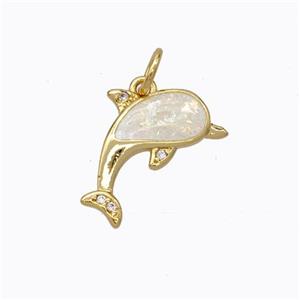 Copper Dolphin Pendant Micropave Zirconia White Fire Opal 18K Gold Plated, approx 12-14mm