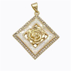 Copper Flower Pendant Micropave Zirconia White Fire Opal Square 18K Gold Plated, approx 20x20mm