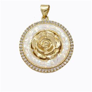 Copper Flower Pendant Micropave Zirconia White Fire Opal Circle 18K Gold Plated, approx 22mm