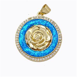 Copper Flower Pendant Micropave Zirconia Blue Fire Opal Circle 18K Gold Plated, approx 22mm