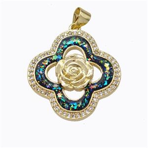 Copper Clover Pendant Micropave Zirconia Multicolor Fire Opal Flower 18K Gold Plated, approx 24mm