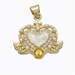 Copper Heart Pendant Micropave Zirconia White Fire Opal Angelwings 18K Gold Plated, approx 17-20mm