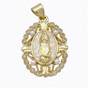 Virgin Mary Charms Copper Pendant Pave White Fire Opal 18K Gold Plated, approx 17-20mm