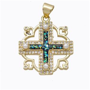 Copper Cross Pendant Pave Multicolor Fire Opal 18K Gold Plated, approx 20mm