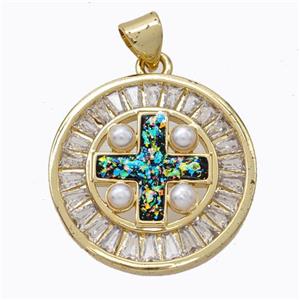 Copper Cross Pendant Pave Zirconia Multicolor Fire Opal Circle 18K Gold Plated, approx 21mm