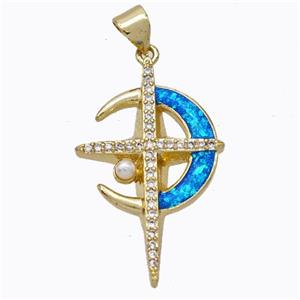 Copper Moon Pendant Pave Blue Fire Opal Cross 18K Gold Plated, approx 18-30mm