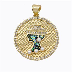 Beauty Charms Copper Circle Pendant Pave Zirconia Fire Opal 18K Gold Plated, approx 22mm