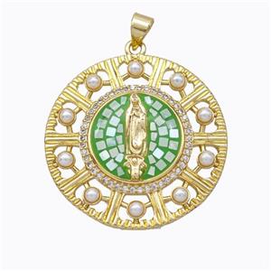 Virgin Mary Charms Copper Circle Pendant Pave Shell Resin 18K Gold Plated, approx 30mm