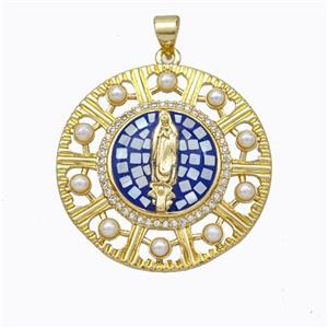 Virgin Mary Charms Copper Circle Pendant Pave Shell Resin 18K Gold Plated, approx 30mm