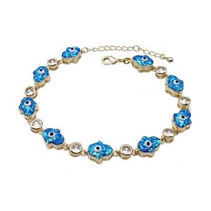 Copper Hamsahand Bracelet Evil Eye Pave Blue Fire Opal 18K Gold Plated, approx 9-11mm, 17-22cm length