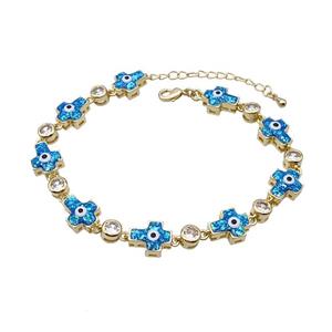 Copper Cross Bracelet Evil Eye Pave Blue Fire Opal 18K Gold Plated, approx 9-11mm, 17-22cm length