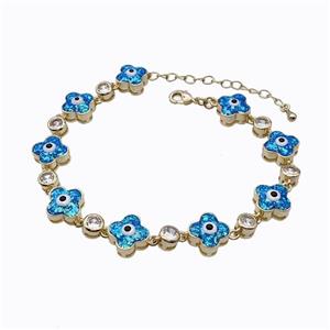 Copper Clover Bracelet Evil Eye Pave Blue Fire Opal 18K Gold Plated, approx 11mm, 17-22cm length